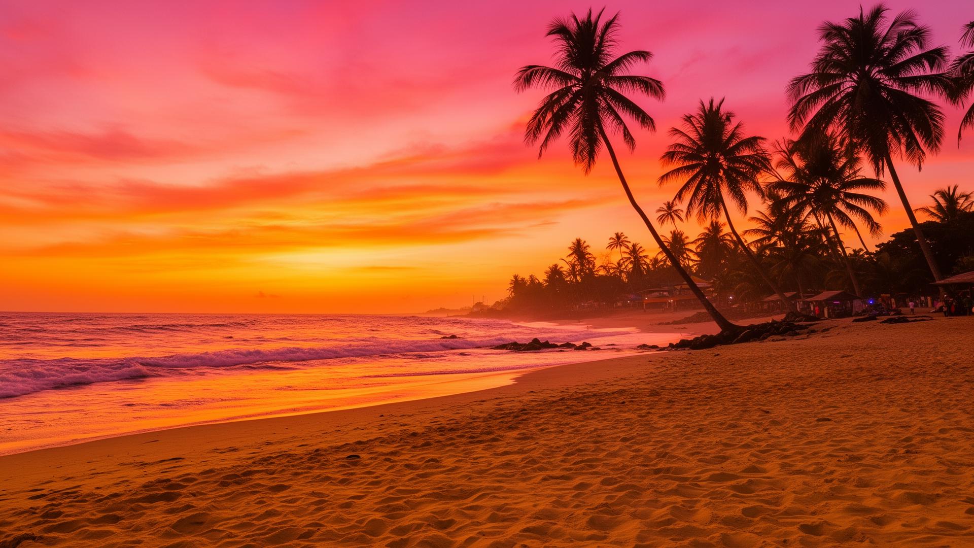 Sunset over Kokrobite beach with palm trees